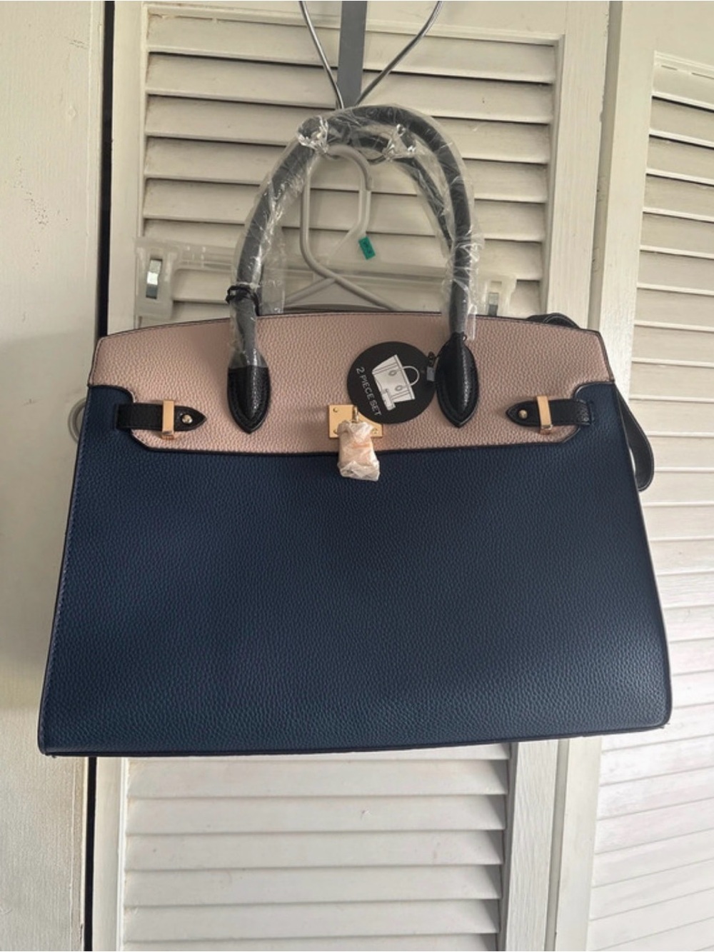 Navy and Tan Shoulder Bag and Matching Wallet Set- Classic Everyday Style
